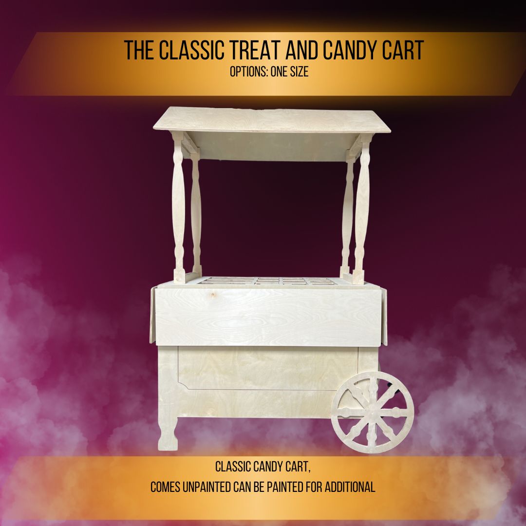 The Classic Treat Candy Cart and party props.  Backdrop Rental Companies Elote, Candy and Snack Cart for Events and Parties.