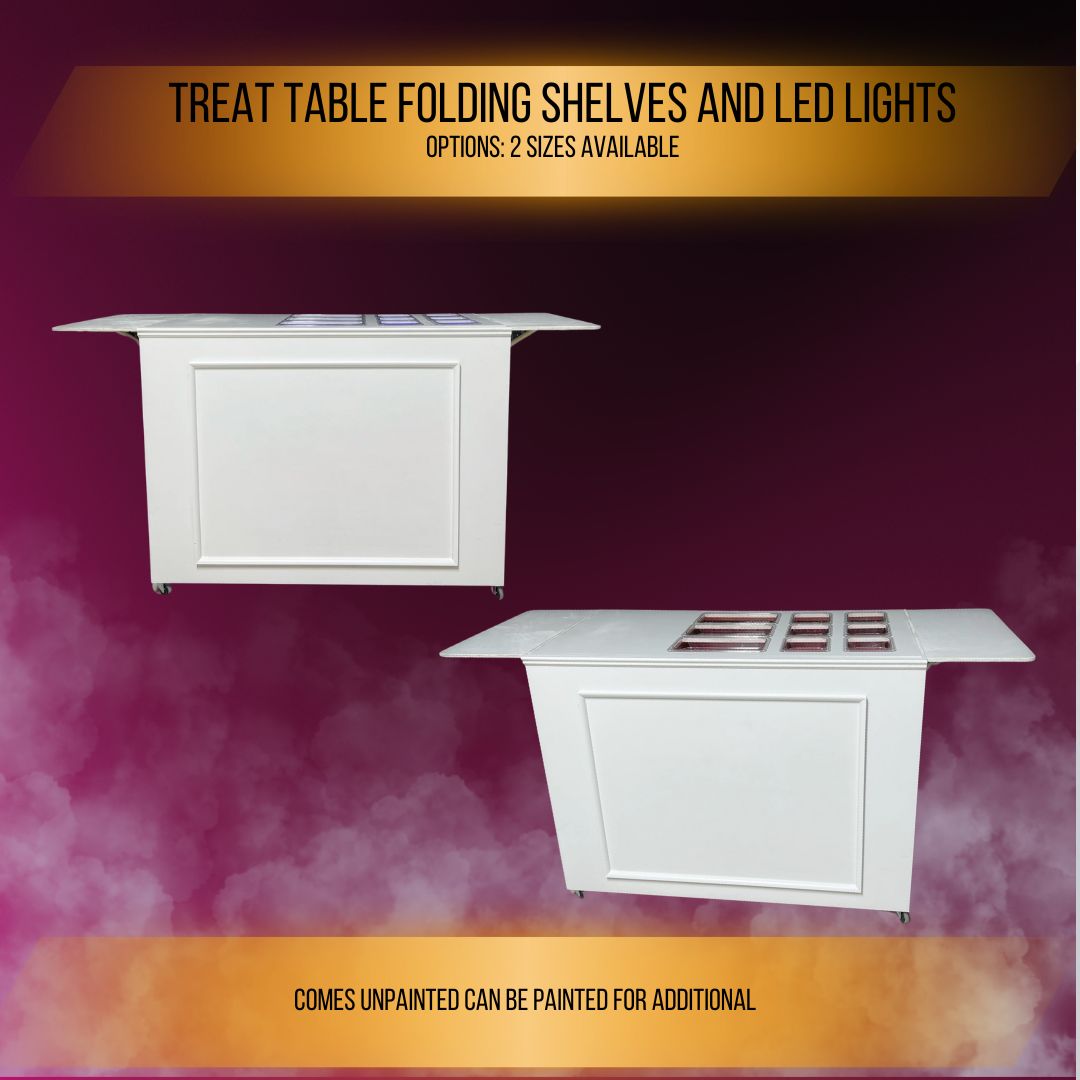 Treat Bar Foldable Shelves and LED Lights Treat and candy cart for party rental business and weddings.