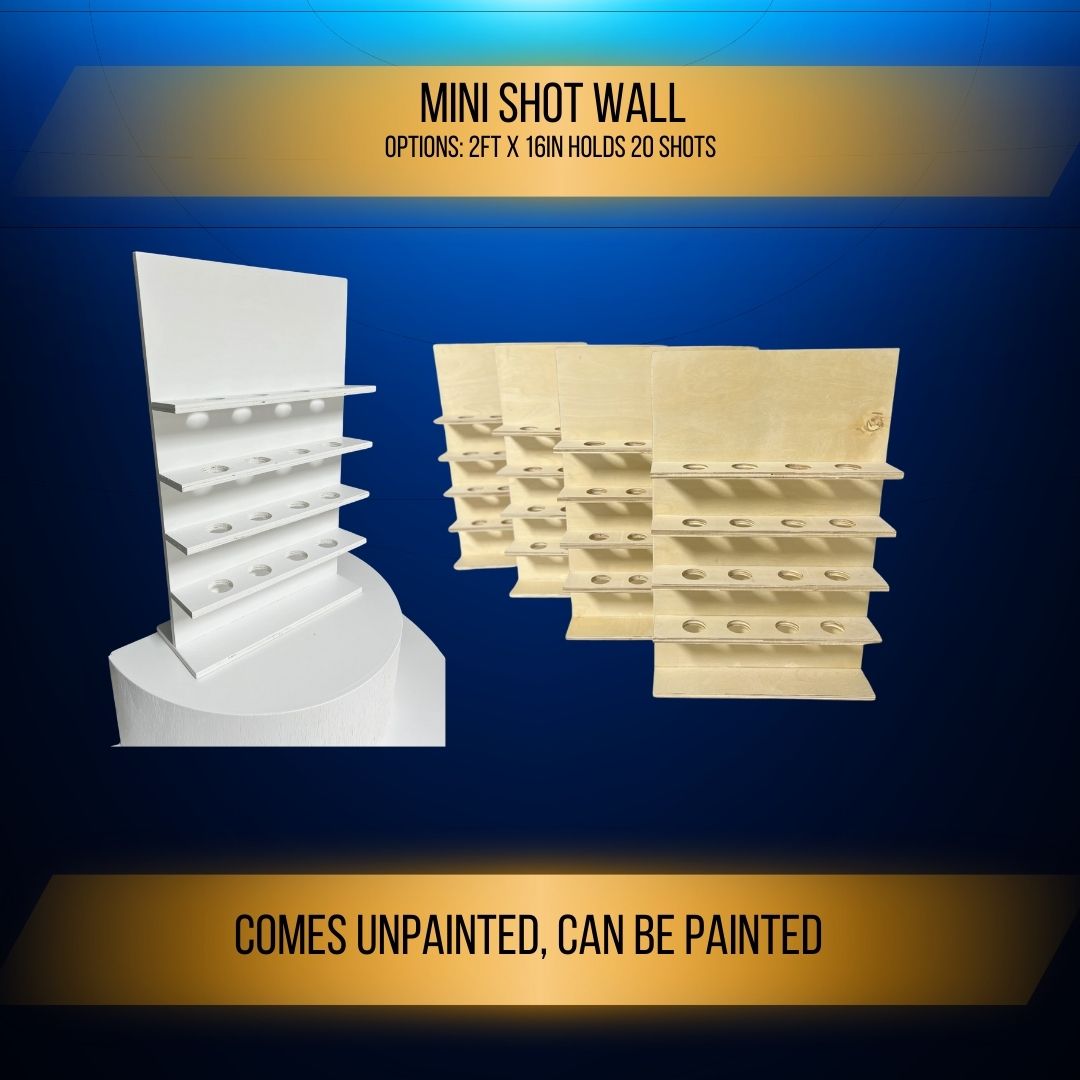 Mini Shot Wall Small holds 20 shots great bar party or party for events for big birthday bash.  Rental Companies.