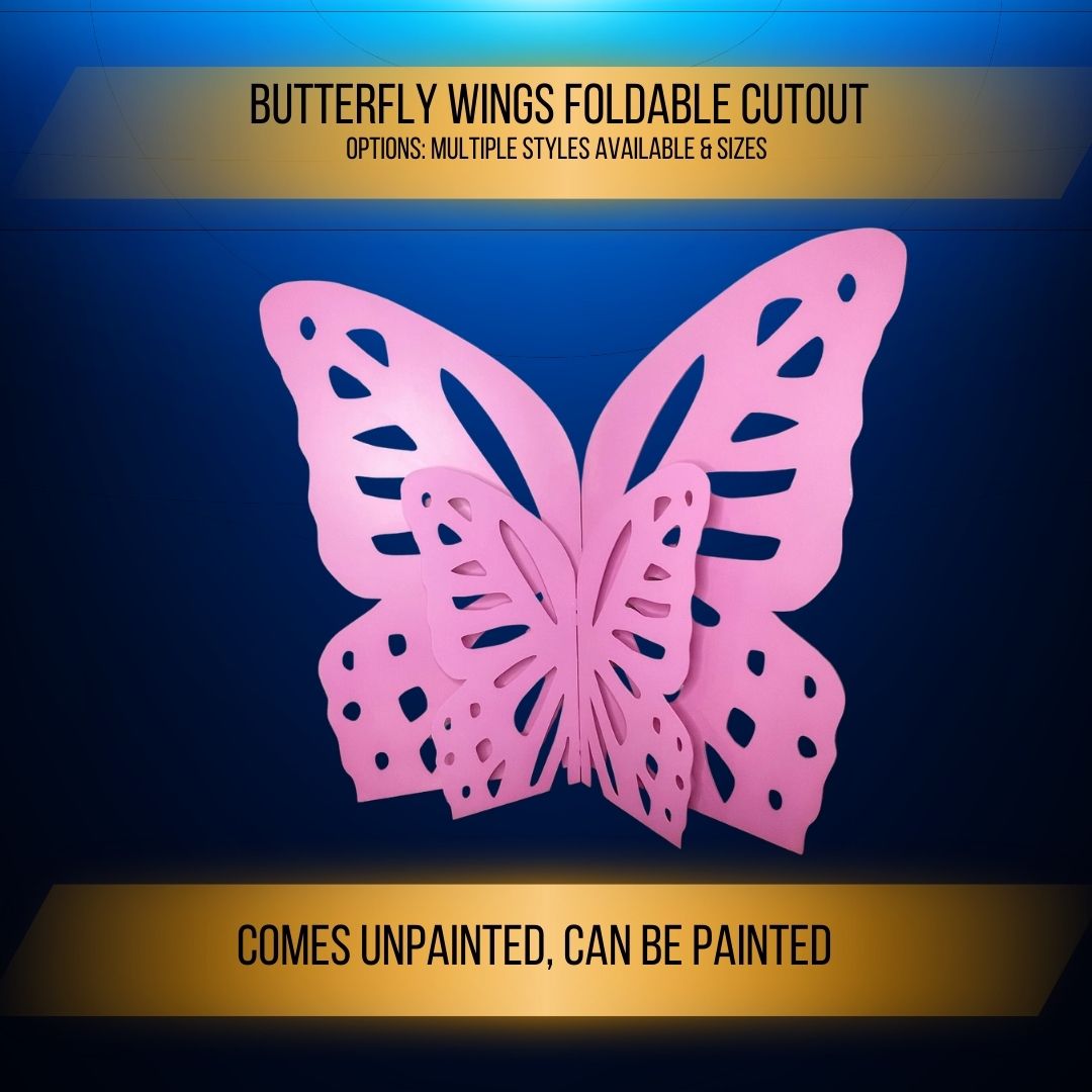 Foldable Butter fly Wings comes in two sizes.  Great party decor and party prop decor for ballons and other party rental companies.