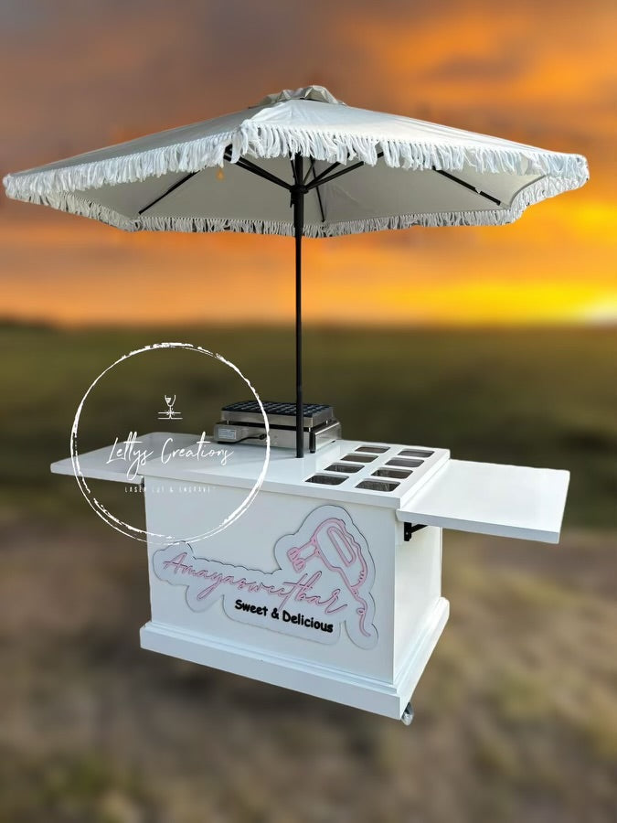 Expandable Candy/Bar Cart with Side Tables and Umbrella